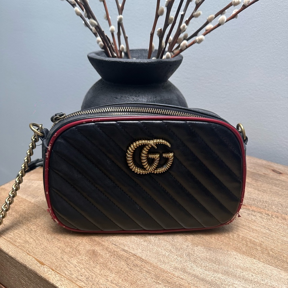 Black and Red Crossbody Bag with Gold Logo